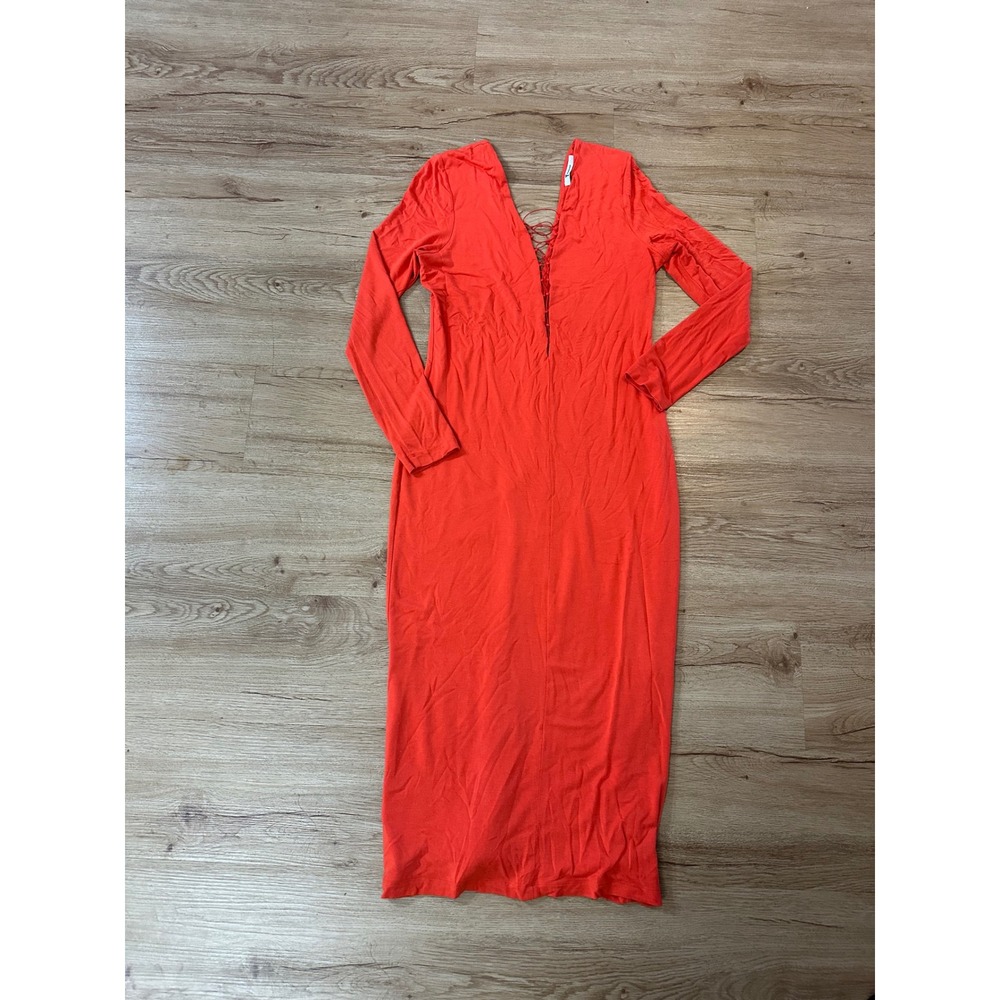 T by Alexander Wang Red Long Sleeve Lace Up Plunge Bodycon Maxi Dress Large